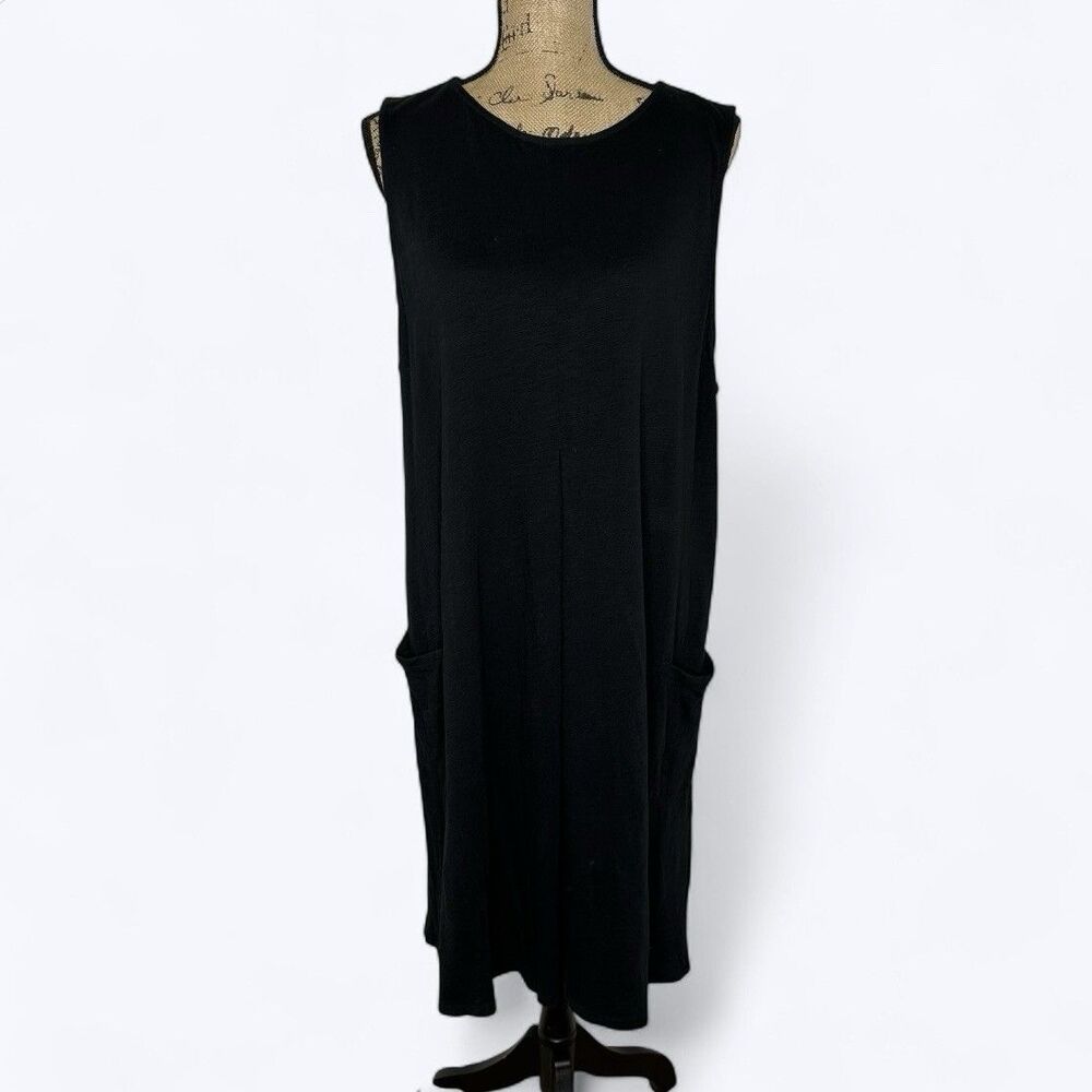 J Jill Sleeveless Midi Dress Sz XL Black‎ Patch Pockets Center Pleat Stretch